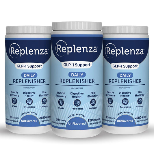 Replenza Daily Replenisher powder tub for GLP-1 support and hydration.