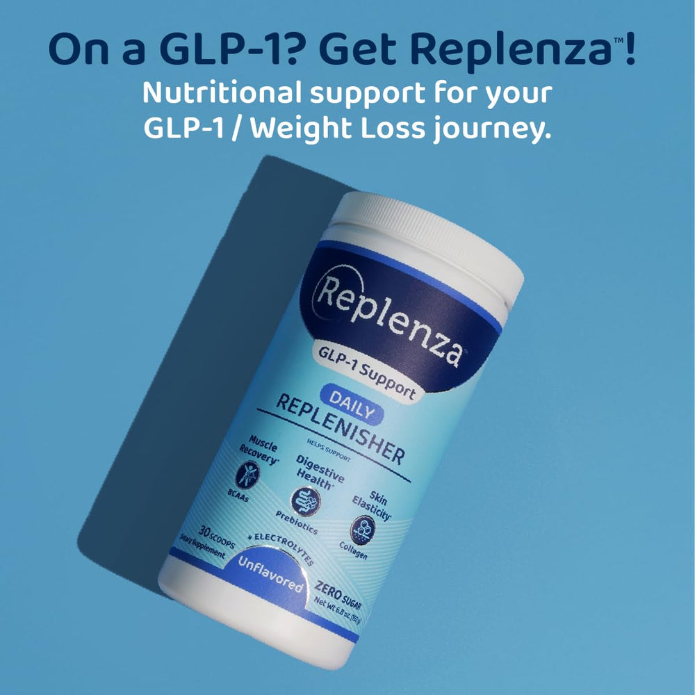 Unflavored Replenza scoop demonstrating zero sugar and dairy-free formula.