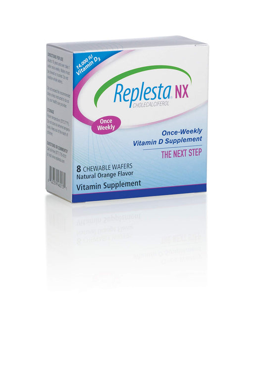 Replesta NX vitamin D3 orange chewable wafer front view for easy weekly dosing.