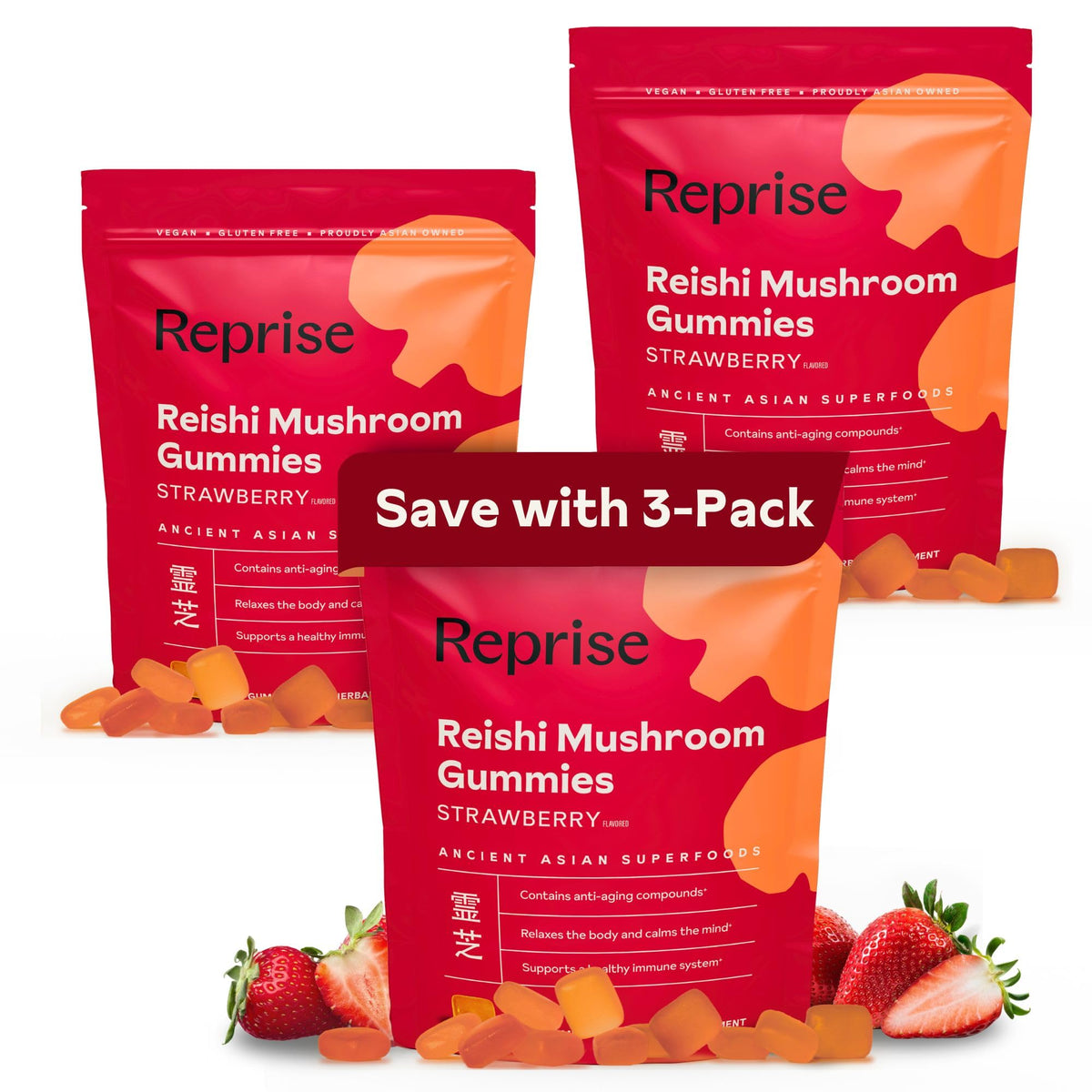 Reprise Reishi gummies bottle highlights strawberry flavor for daily wellness.