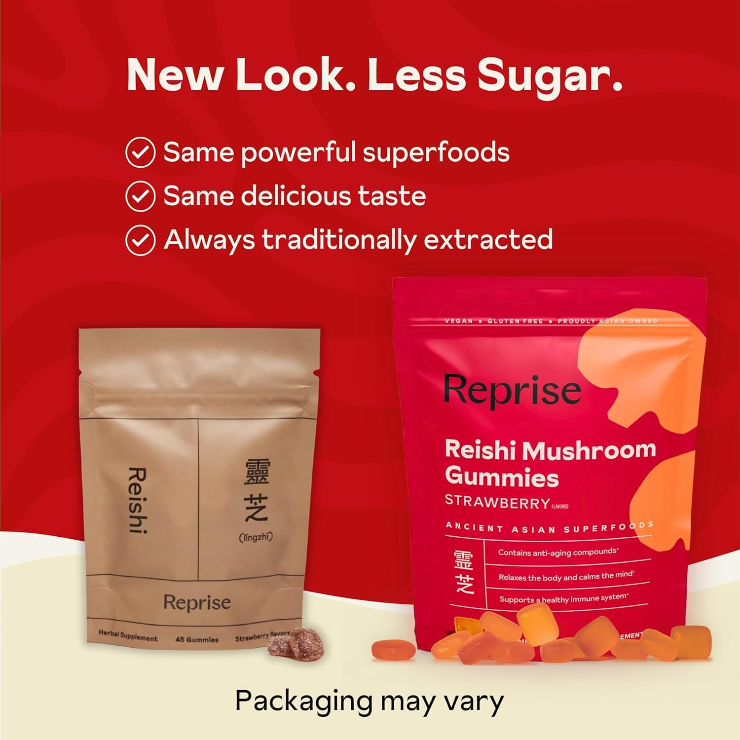 Reprise Reishi gummies closeup shows juicy texture for daily routine.