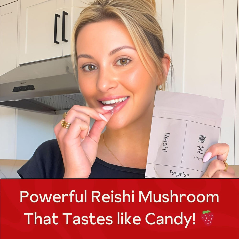 Reprise Reishi gummies vegan symbol indicates plant-based option for mindful choices.