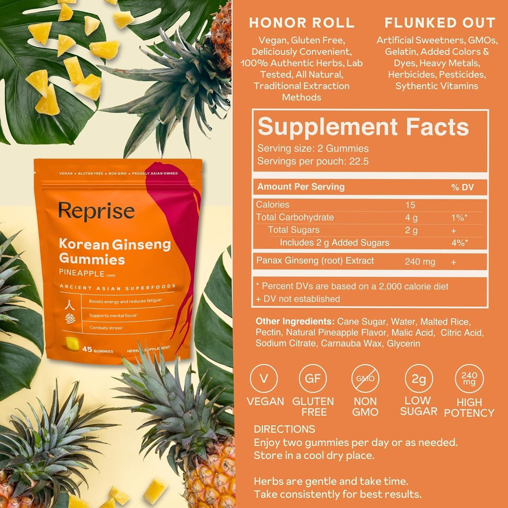 Reprise Ginseng Gummies ingredient panel: shows natural pineapple flavor and plant-based formula.
