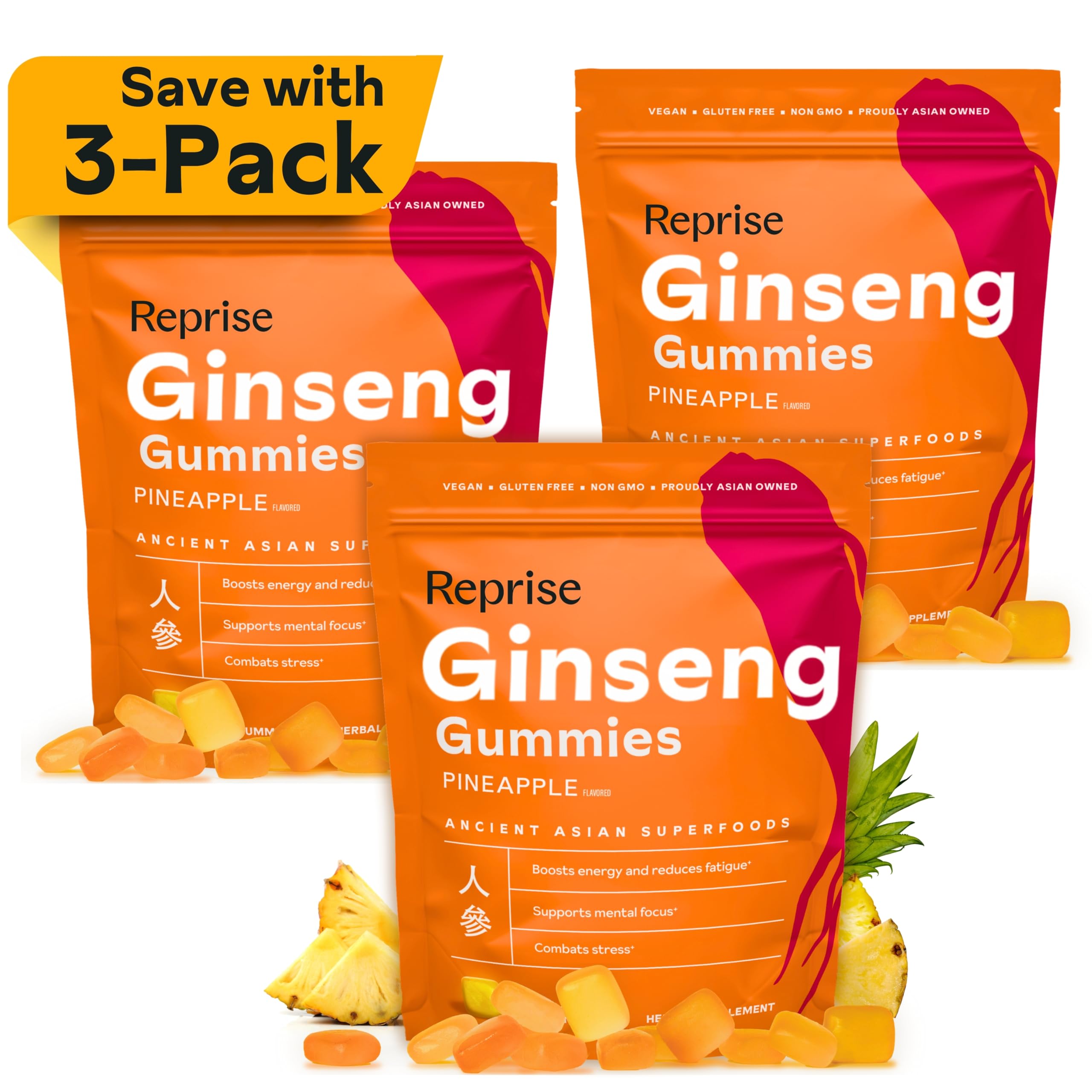 Reprise Ginseng Gummies pineapple bottle: convenient energy boost for adults.
