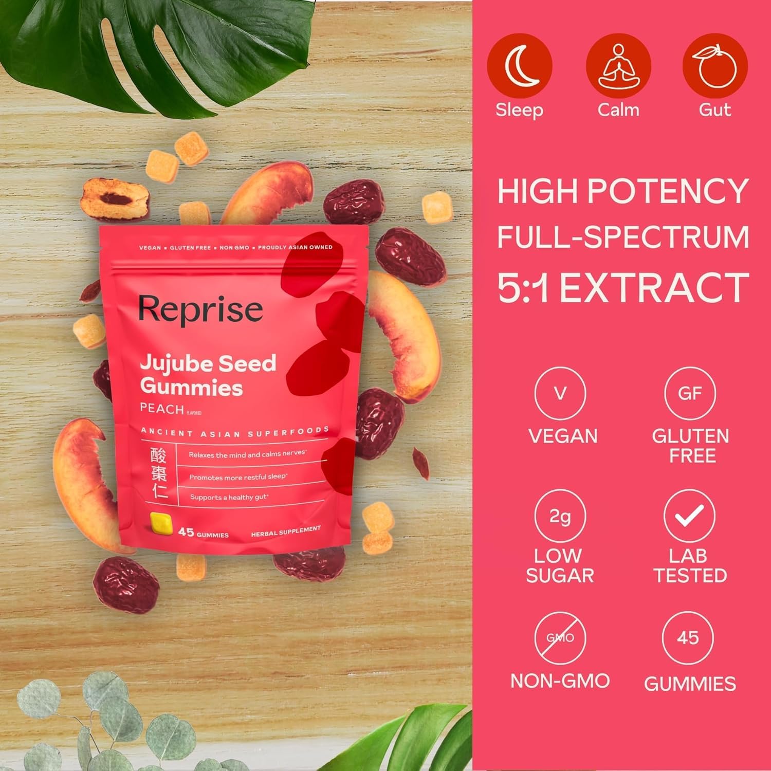 Reprise Jujube Seeds Gummies peach flavor close-up for a pleasant evening routine