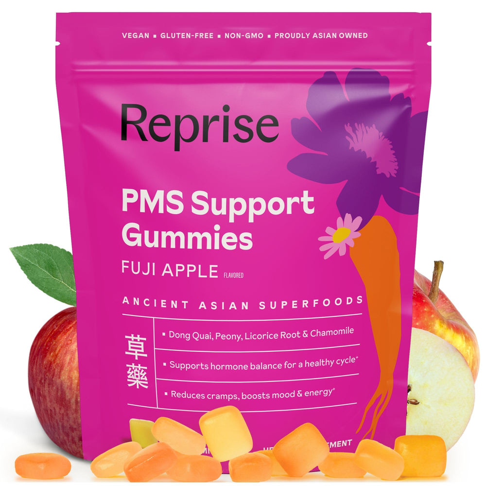 Reprise PMS Support Gummies bottle on shelf suggesting mood balance and cycle comfort.