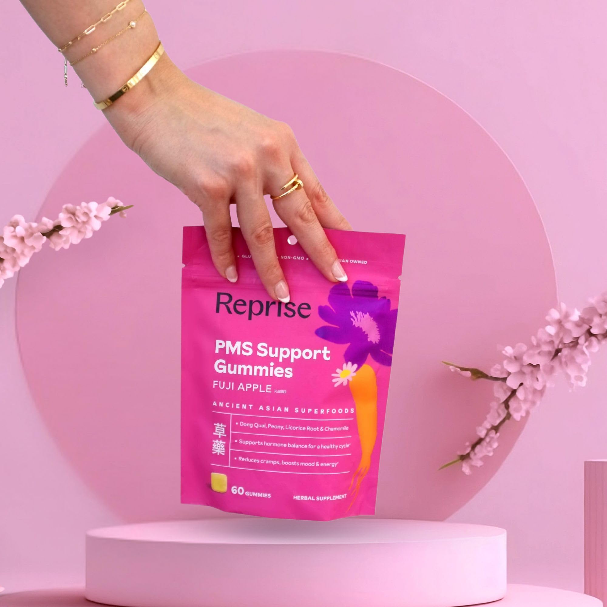 Reprise PMS gummies licorice root element promotes natural cycle balance.