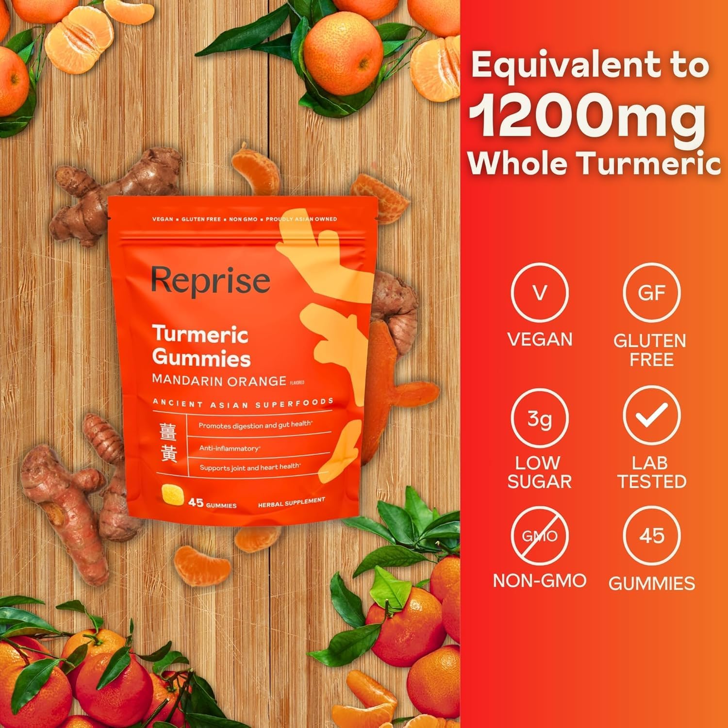Reprise turmeric gummies Mandarin Orange flavor fruit slice close-up
