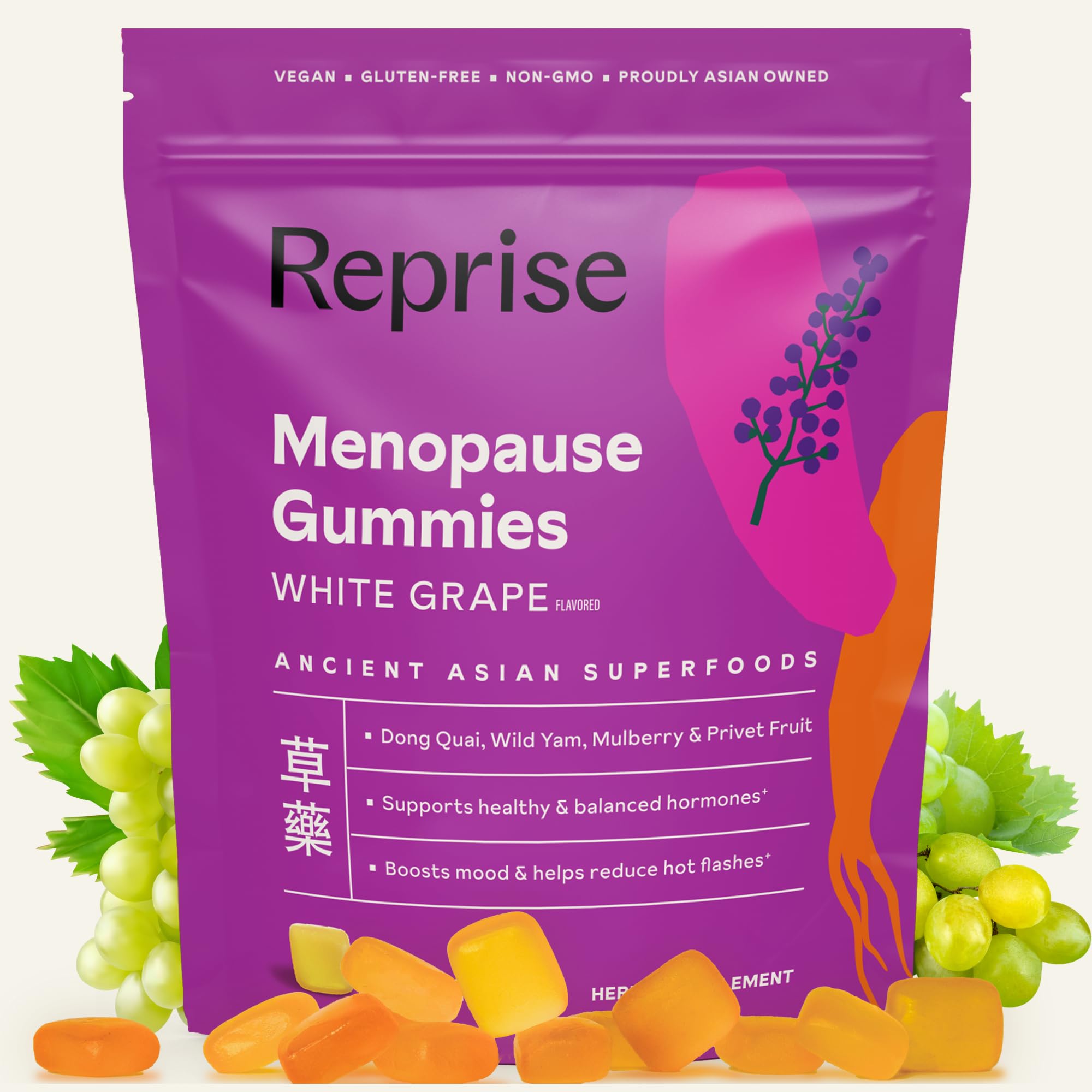 Reprise Menopause Gummies bottle pouring suggests simple daily support