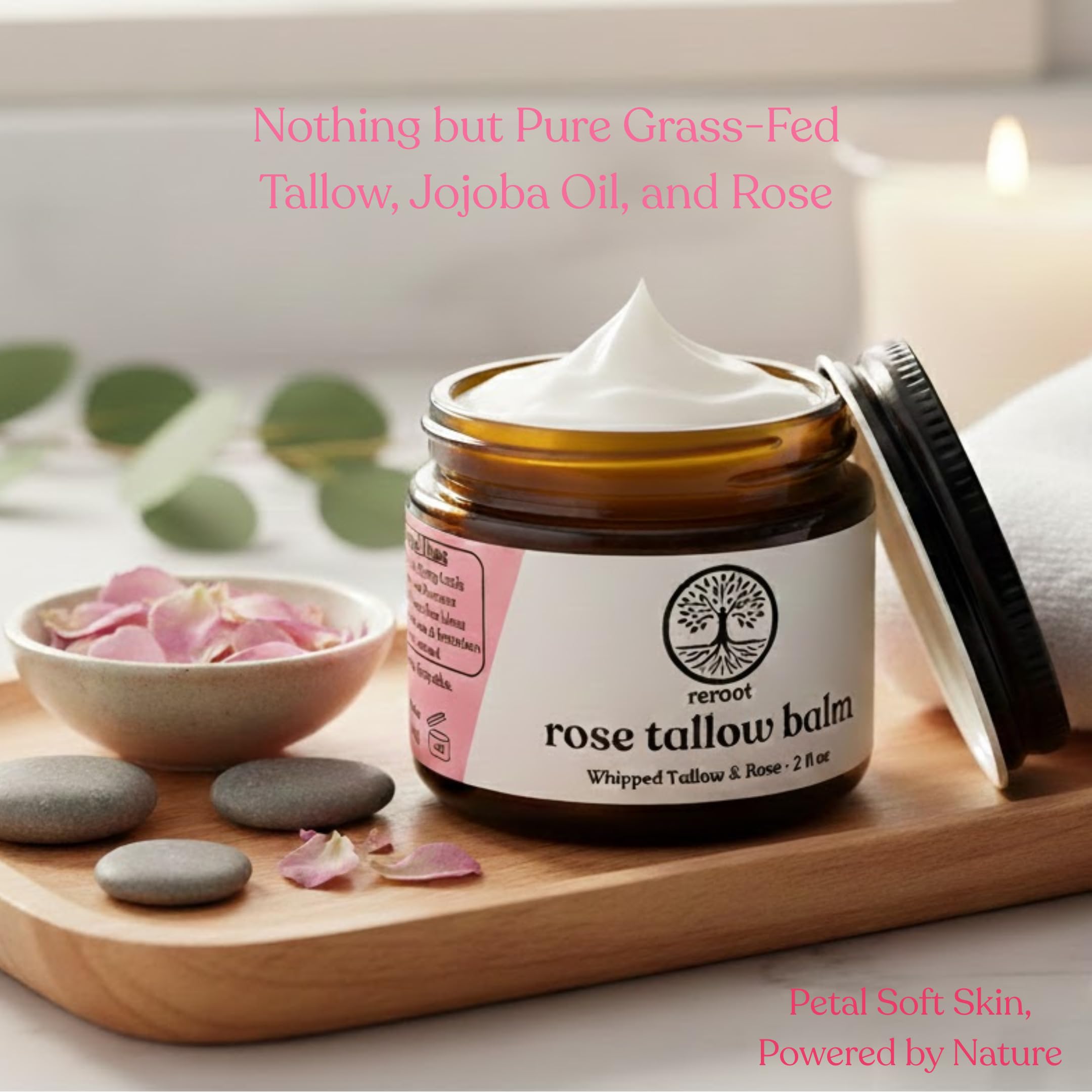 Reroot Organics Rose Tallow Balm being applied on skin for deep moisturization