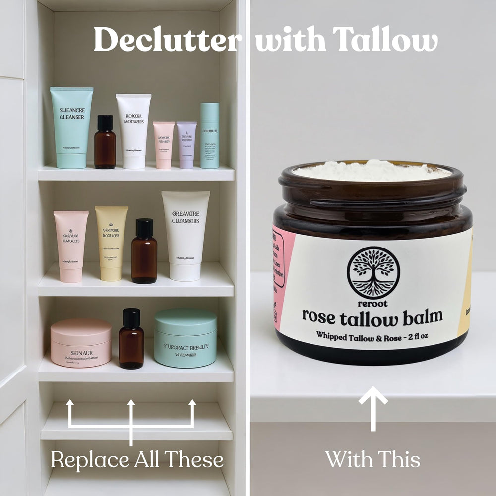 Reroot Organics Rose Tallow Balm on hands for daily care