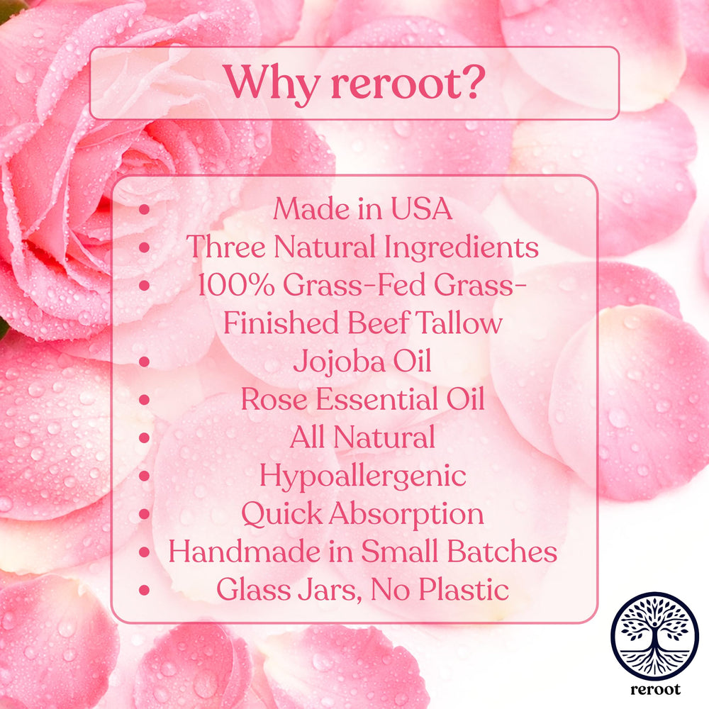 Reroot Organics Rose Tallow Balm packaging highlights natural ingredients