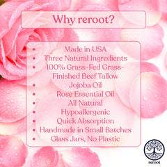 Reroot Organics Rose Tallow Balm packaging highlights natural ingredients