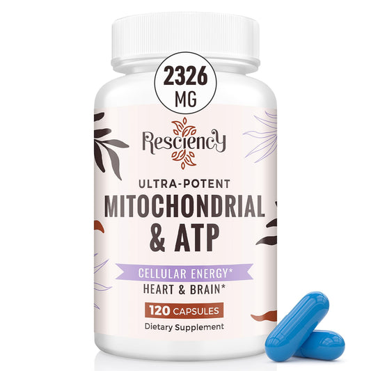 Resciency 2326mg mitochondrial supplement bottle powering energy support.