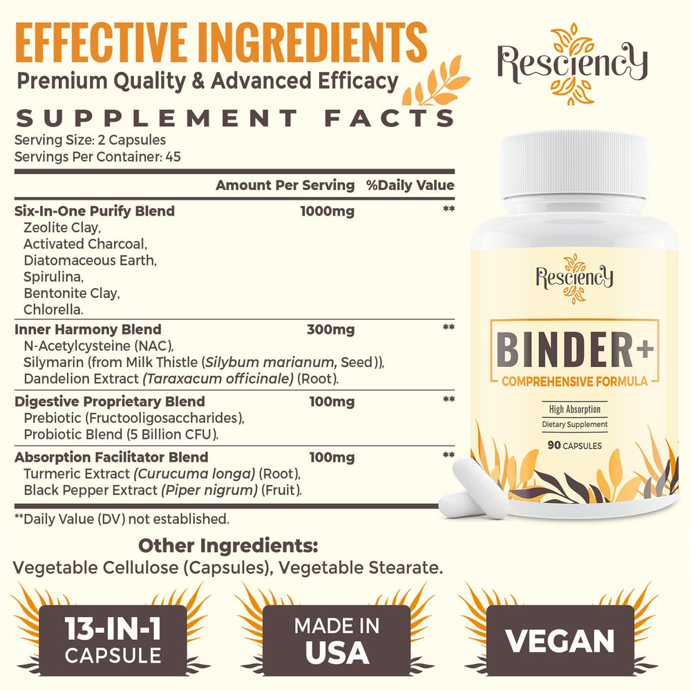 Resciency Detox Binder capsules close-up highlighting vegan formula.