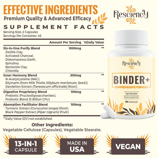Resciency Detox Binder capsules close-up highlighting vegan formula.