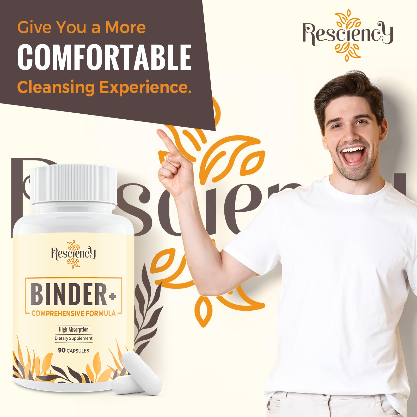 Resciency Detox Binder bottle with label close-up highlights turmeric and piperine blend.