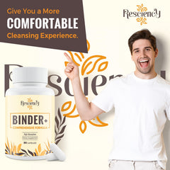 Resciency Detox Binder bottle with label close-up highlights turmeric and piperine blend.