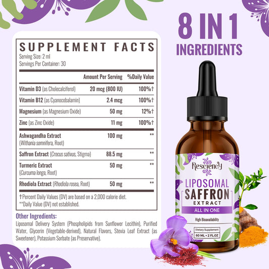 Resciency Liposomal Saffron Drops dropper showing precise 2 ml serving.