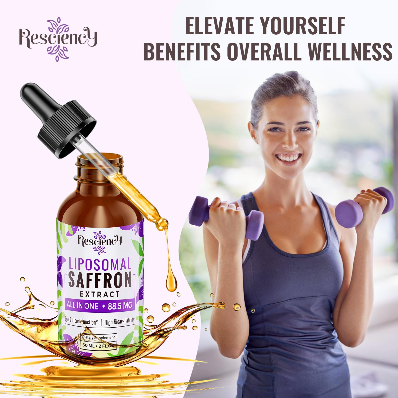 Resciency Liposomal Saffron Drops lifestyle image suggesting everyday wellness routine.