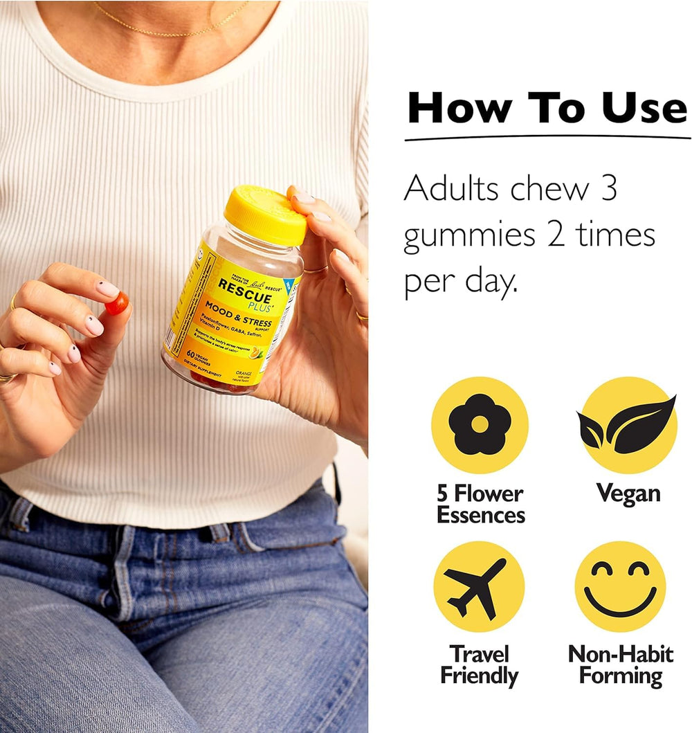 RESCUE Bach Plus key nutrients blend emphasizes saffron, passionflower, and GABA.