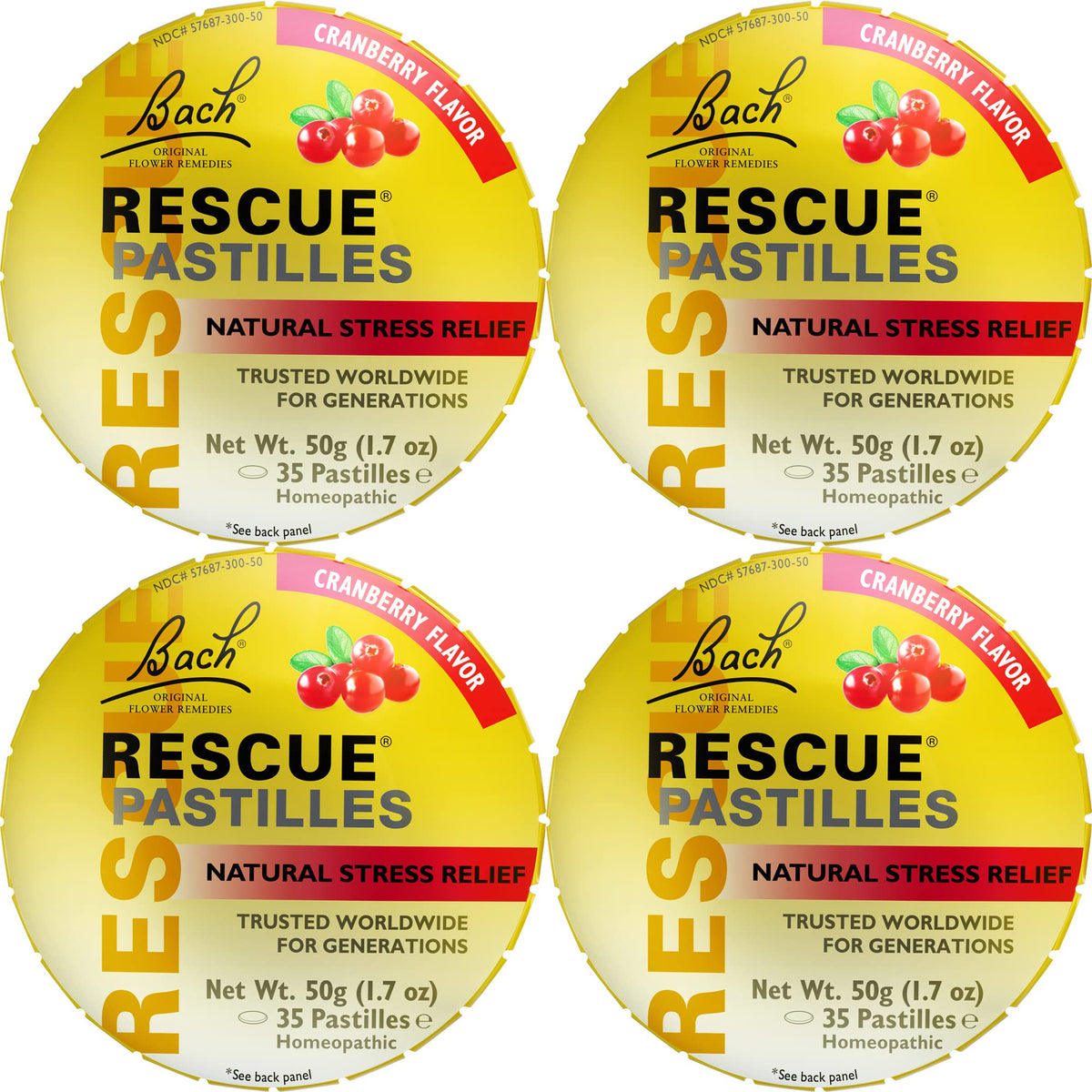 RESCUE Bach Rescue Pastilles Cranberry 4-pack for on-the-go calm and subtle stress relief.