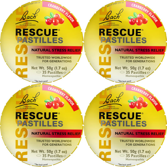 RESCUE Bach Rescue Pastilles Cranberry 4-pack for on-the-go calm and subtle stress relief.