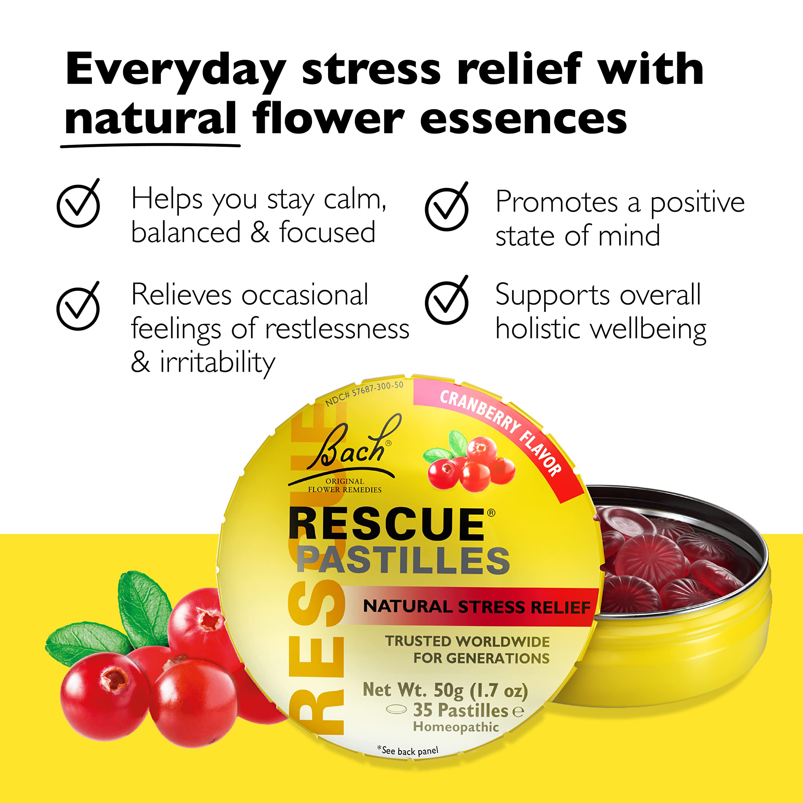 RESCUE Bach Rescue Pastilles Cranberry close-up dissolving for quick soothing flavor.