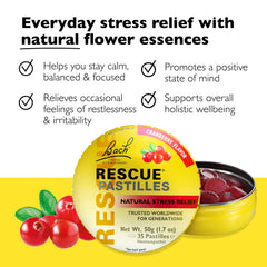 RESCUE Bach Rescue Pastilles Cranberry close-up dissolving for quick soothing flavor.