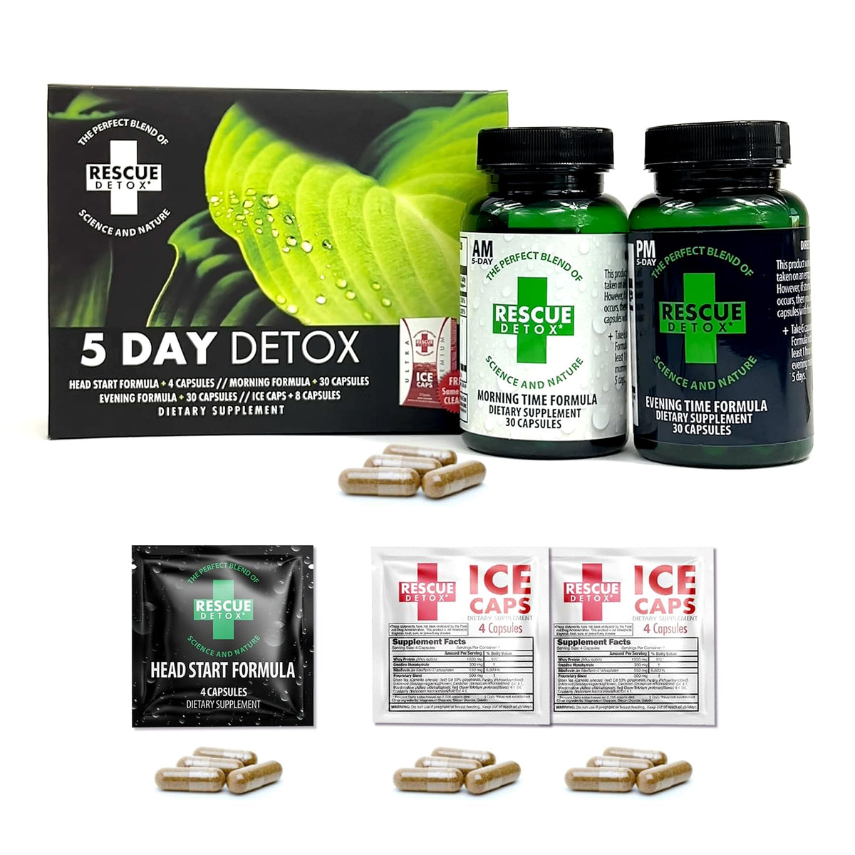Rescue Detox 5 Day Kit bottle with simple daily dosing for a guided cleanse.
