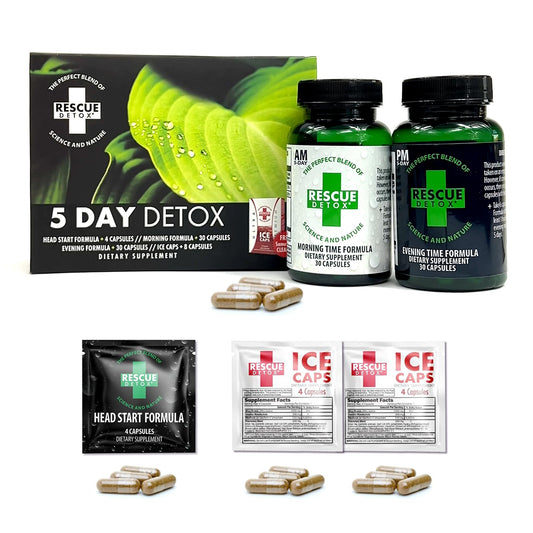 Rescue Detox 5 Day Kit bottle with simple daily dosing for a guided cleanse.
