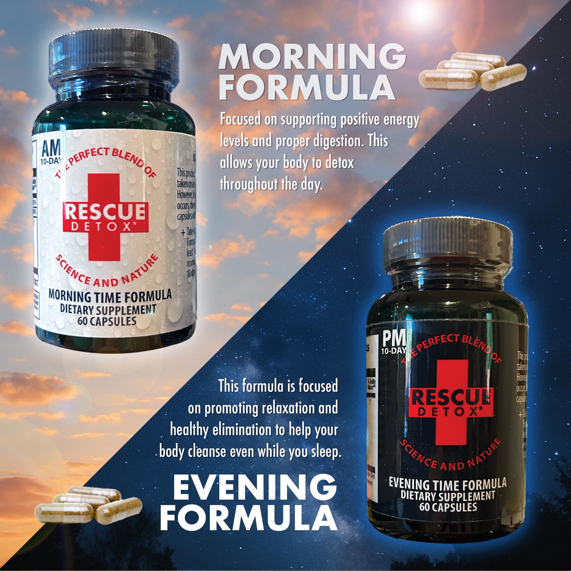 Rescue Detox bottle displays the Cleansing Coach icon for guidance.