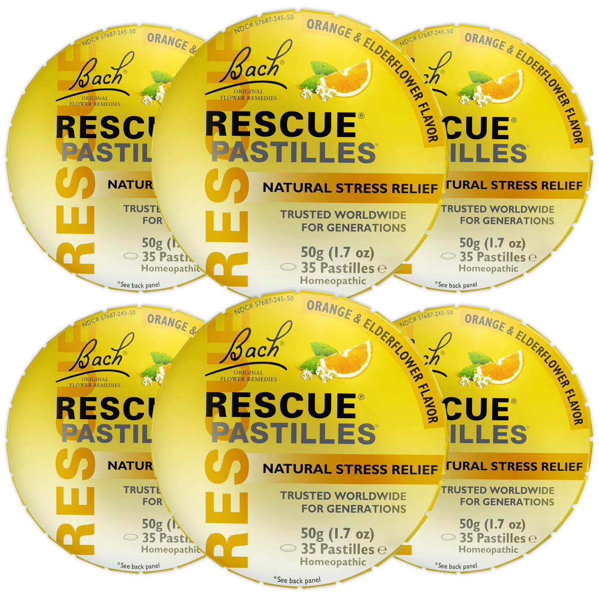 RESCUE pastilles packaging featuring orange-elderflower flavor for on-the-go stress relief.