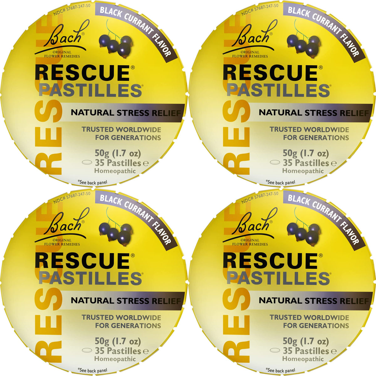 RESCUE pastilles packaging in black currant flavor for portable calm