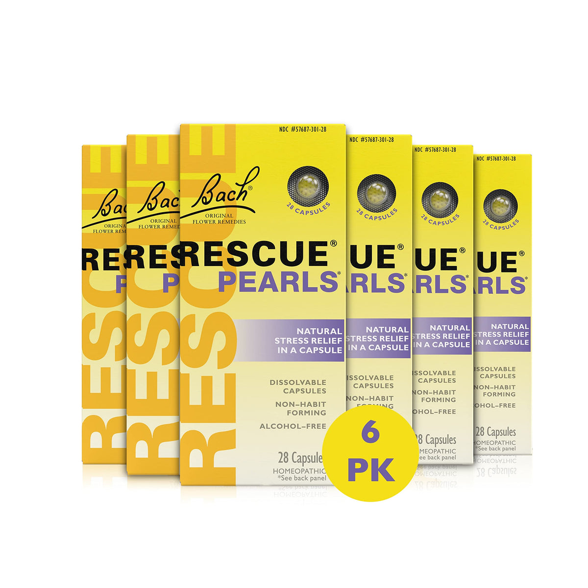 RESCUE Pearls bottle with natural orange-vanilla flavor and clear branding.