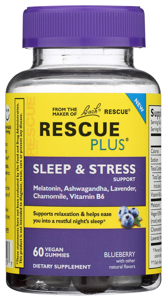 RESCUE Plus Sleep & Stress Gummies bottle for nighttime relaxation and stress support
