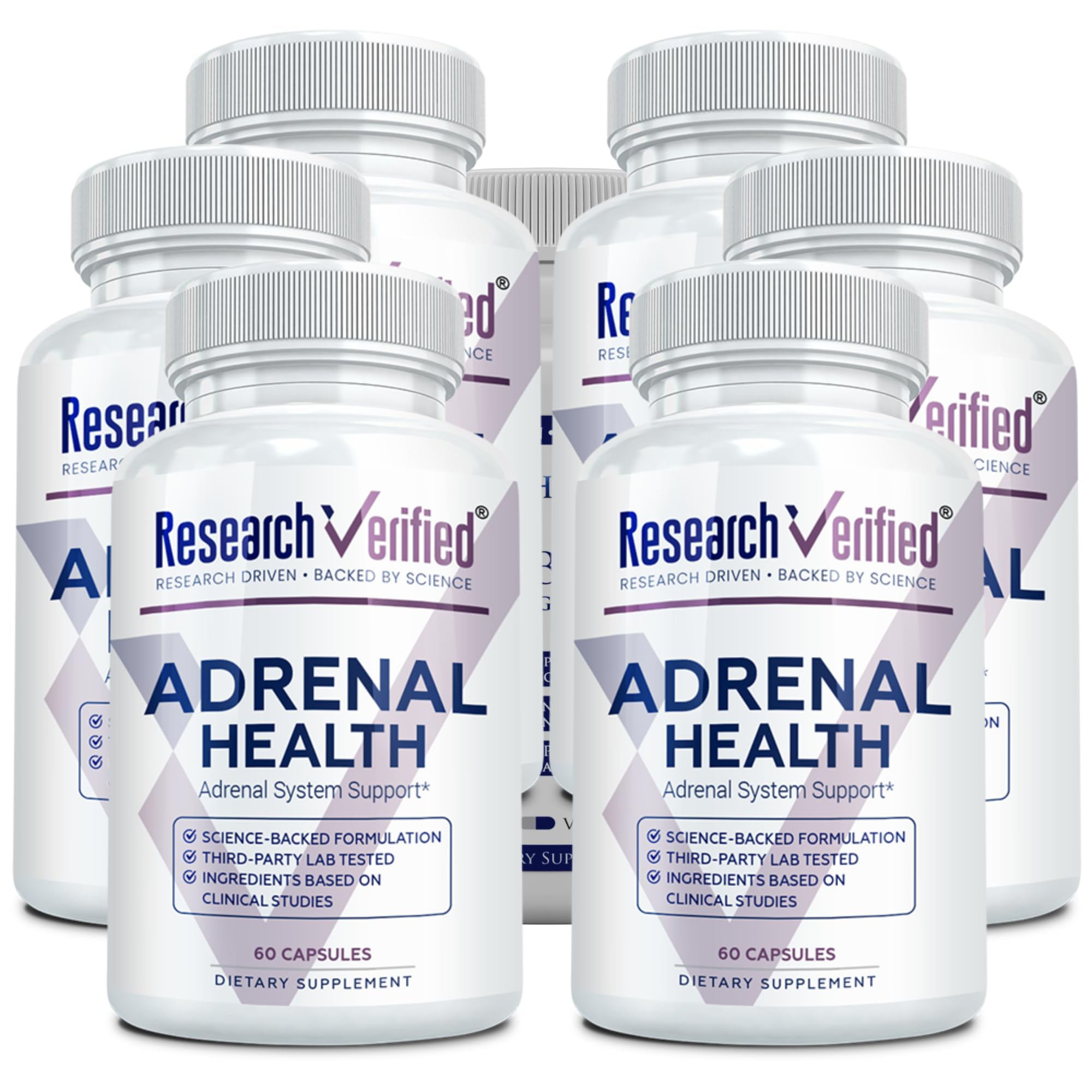 Research Verified Adrenal Support bottle, convenient daily supplement for adrenal-friendly routine.