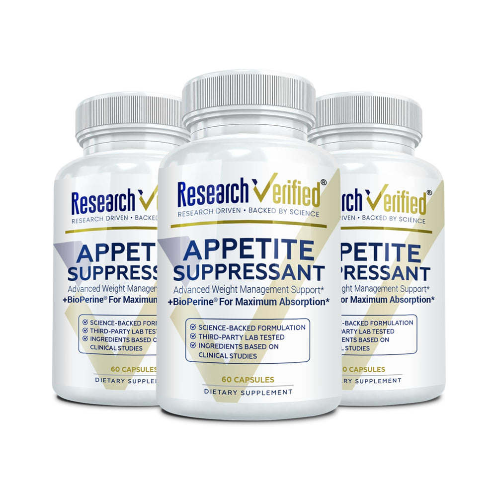 Research Verified appetite-suppressant bottle front shows label and cravings support.