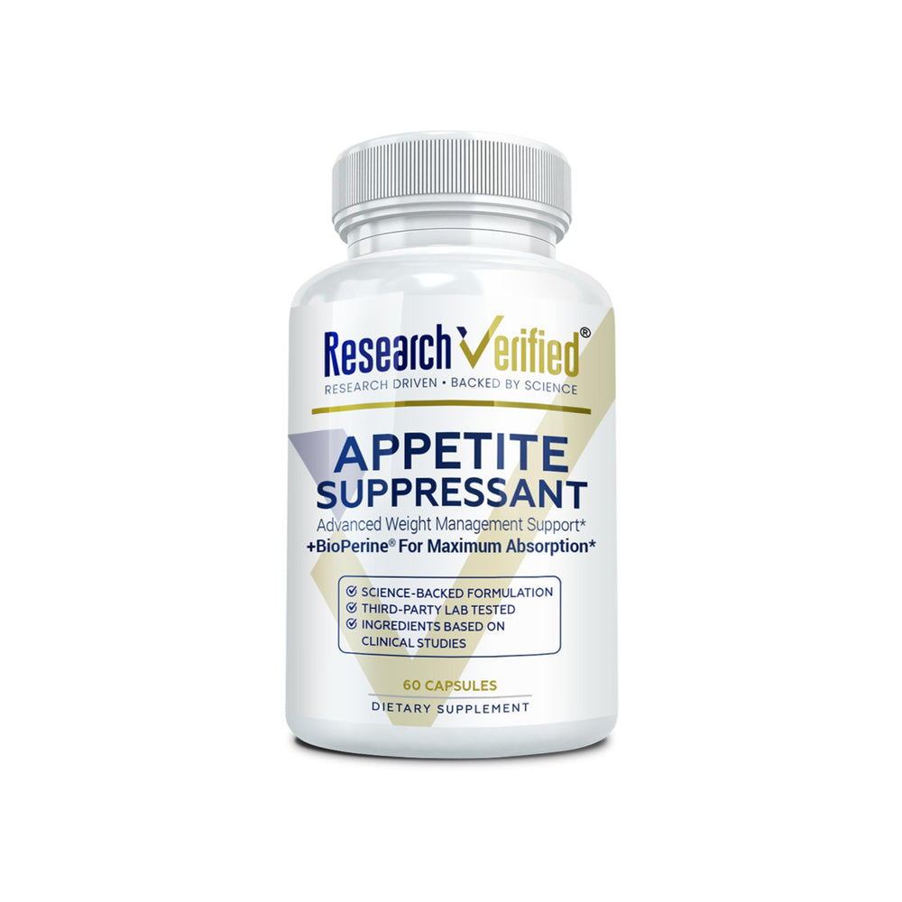 Research Verified Appetite Suppressant bottle front view helps curb cravings.