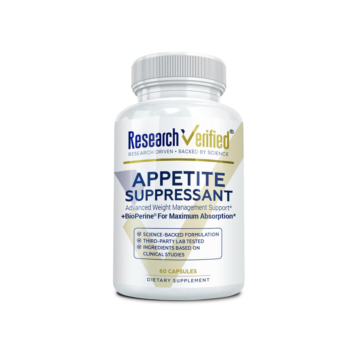 Research Verified Appetite Suppressant bottle front view helps curb cravings.