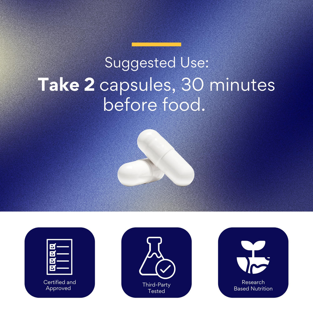 Capsules displayed with dosage cues demonstrate simple daily use.