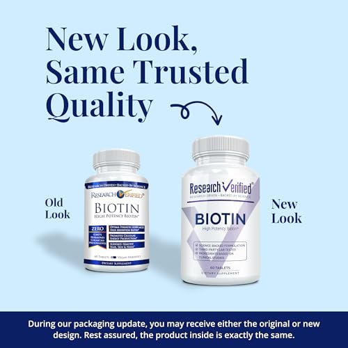 Research Verified Biotin bottle front with vegan formula for daily wellness.