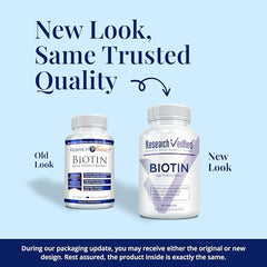 Research Verified Biotin bottle front with vegan formula for daily wellness.