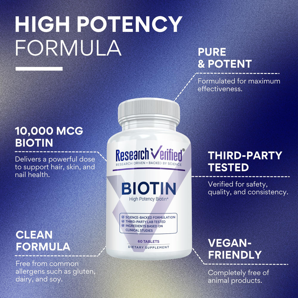 Research Verified Biotin bottle side showing compact, easy-to-swallow vegan tablets.