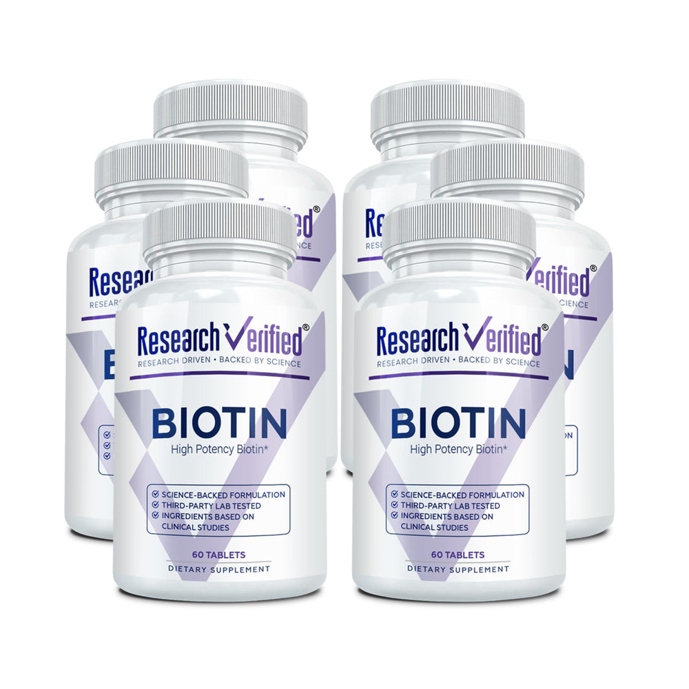 Research Verified Biotin 10000mcg bottle with vegan tablets for hair, skin, and nails