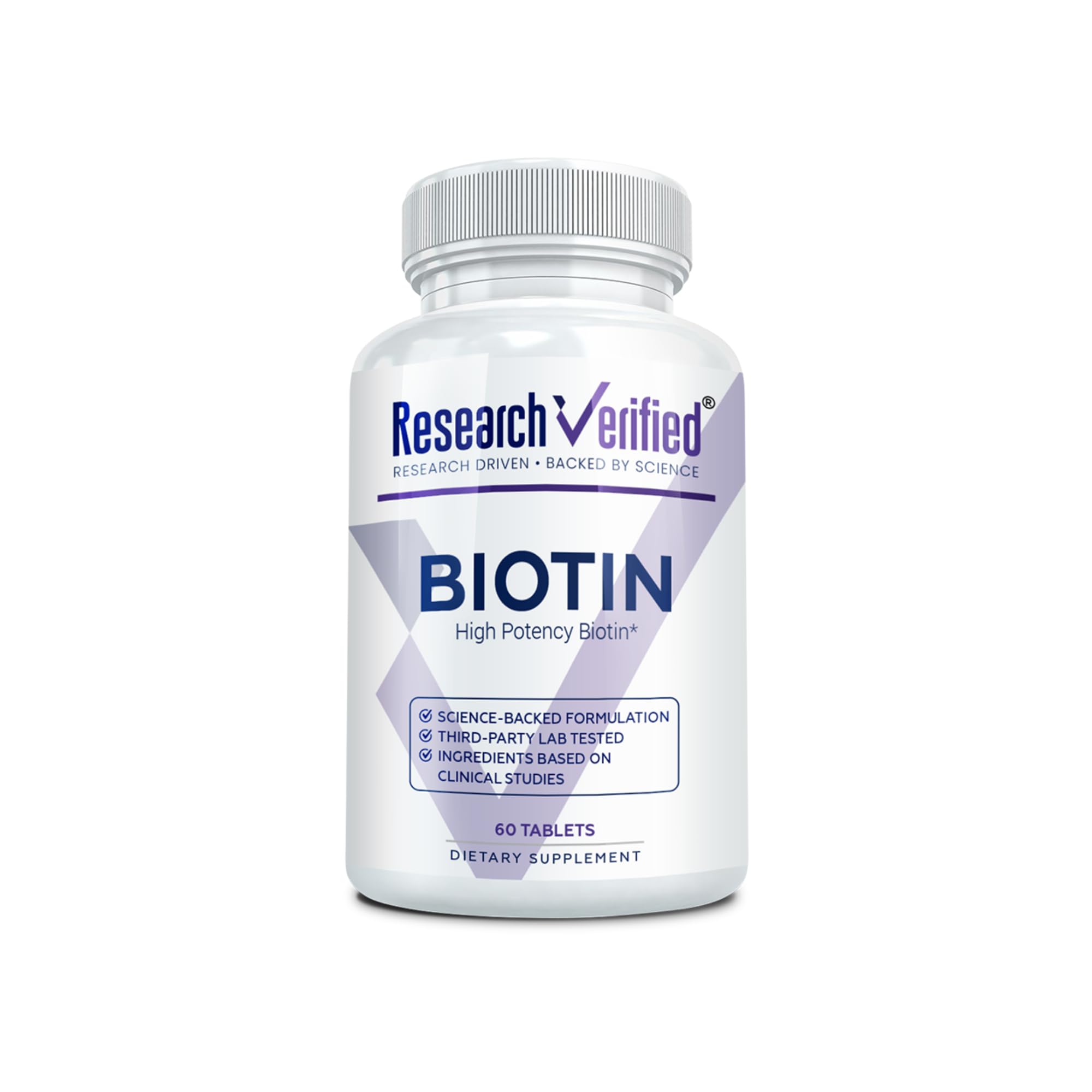 Research Verified Biotin 10000mcg tablet closeup, ideal for hair and nails support.