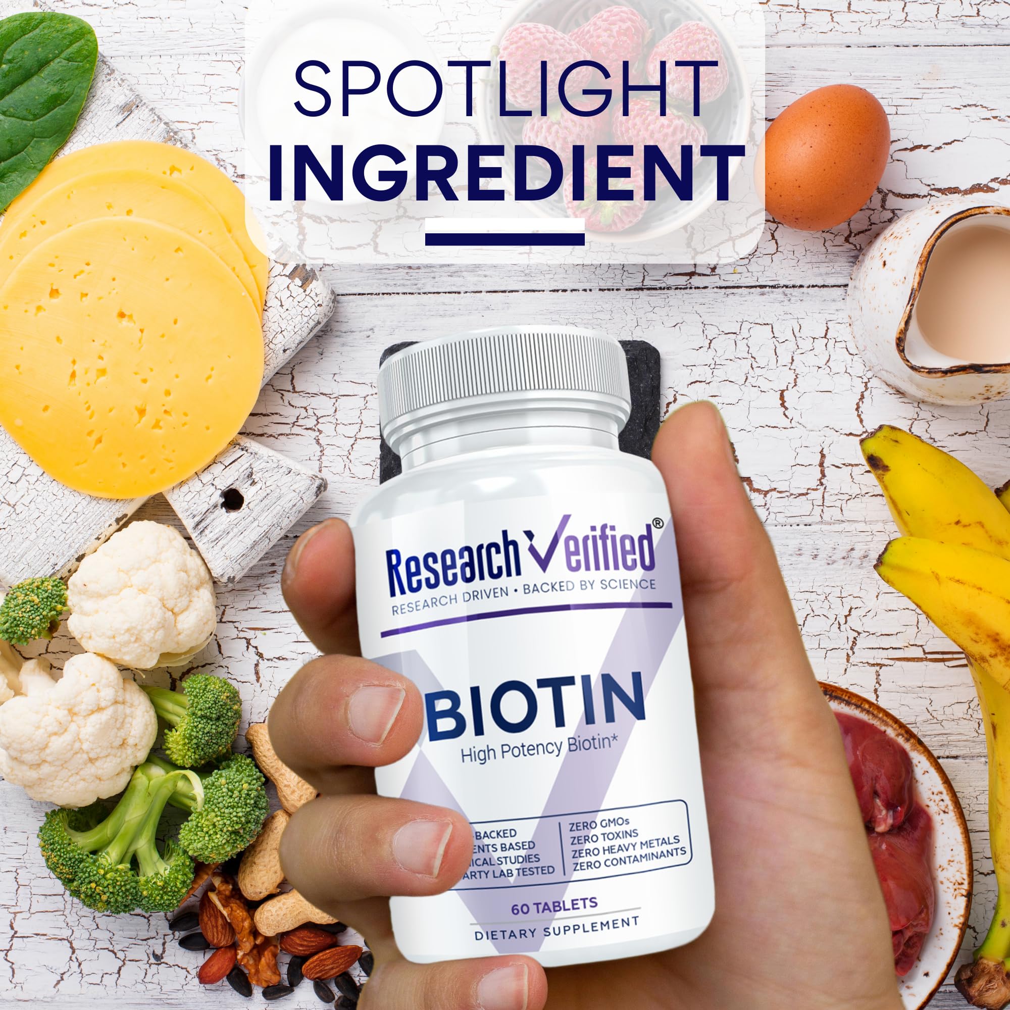 Research Verified Biotin bottle beside packaging to showcase product branding
