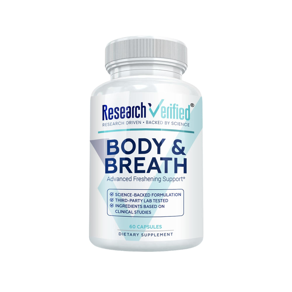 Research Verified Body and Breath deodorant bottle front for daily freshness.