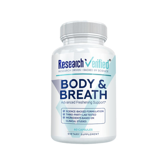 Research Verified Body and Breath deodorant bottle front for daily freshness.