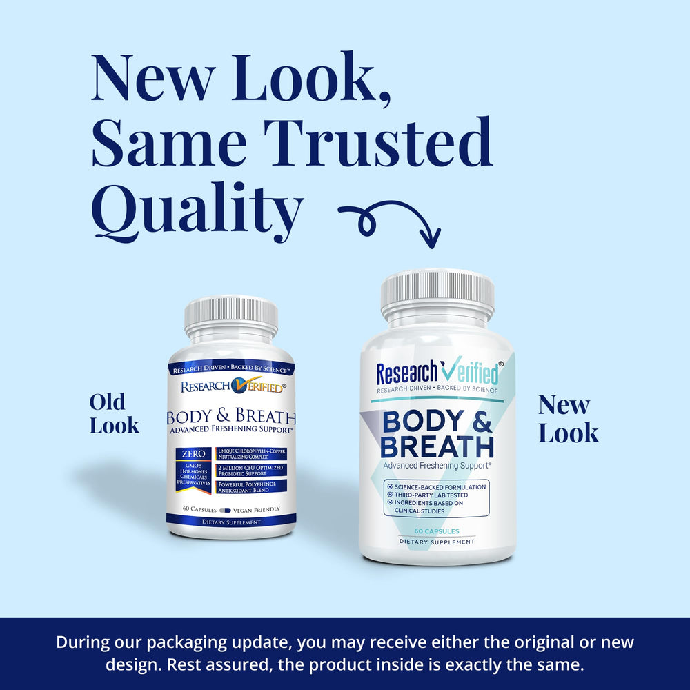 Research Verified Body and Breath capsules pack close-up showing 60 vegan capsules.